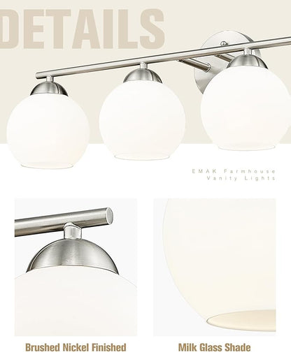 Emak Modern Brushed Nickel Vanity Light, 29 Inch Globe Bathroom Light Fixtures Over Mirror, 4 Light Bathroom Vanity Light with Milk Glass, VL114-BN-ML-4