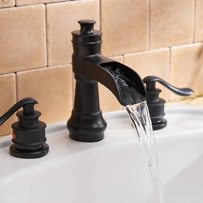 3 Hole 8 Inch Widespread Bathroom Sink Faucet Black Two Handles | Waterfall Spout,Lead-free,With Pop Up Drain and Supply Lines, Classic Farmhouse Retro, Stain Resistant Coating
