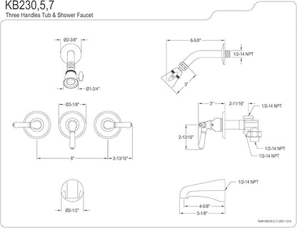 Kingston Brass KB237 Magellan Triple-Handle Tub and Shower Faucet in Brushed Brass