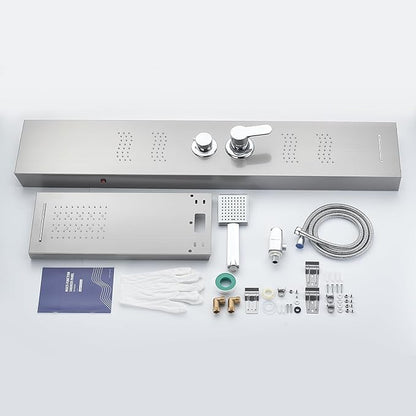 Shower Panel Tower System with LED Lights, Stainless Steel 5 in 1 Shower Panel with Rainfall Waterfall Shower Head, Body Spray, Handheld Shower, Tub Spout (Brushed)