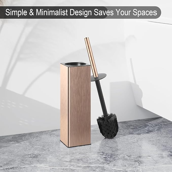 BGL Standing Toilet Brush and Holder Rose Gold Aluminium Toilet Bowl Cleaner Brush and Holder for Bathroom Storage and Organization, Square Design Sturdy and Space Saving