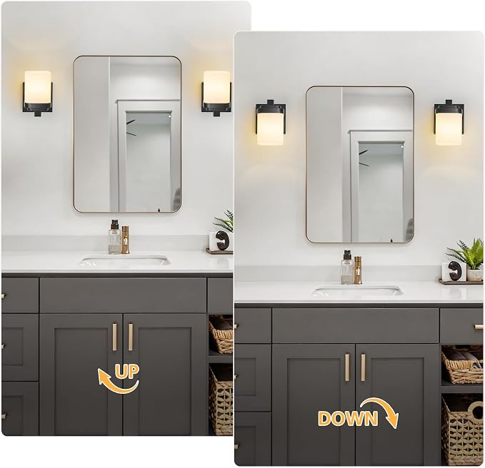 Bathroom Light Fixtures, Vanity Lights Wall Sconces Set of Two | 1-light black bathroom llight fixtures over mirror with milky white square glass shade, 4.72" farmhouse bathroom wall lamps
