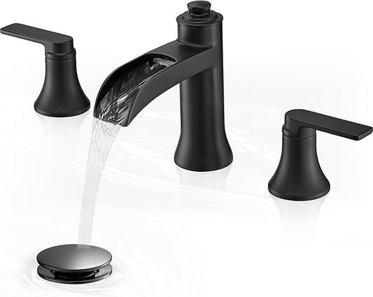 Matte Black Bathroom Faucet 3 Hole, Brass 8 Inch Bathroom Sink Faucet Waterfall, 2 Handles Widespread Basin Tap with Pop-up Drain & Supply Hose for Vanity, Farmhouse, Restroom Sink