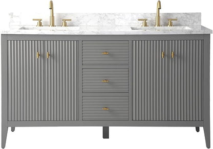 Vanity Art 60 inch Bathroom Vanity with Double Sink & Ceramic Top, Vanity Cabinet with Soft-Closing Door, Solid Wood Frame, Linear Pattern, Cashmere Gray, Golden Brushed Handware VA9160-DG-GB