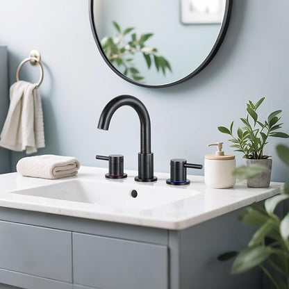 Bathroom Faucet 3 Hole, Oil Rubbed Bronze Bathroom Sink Faucet with Pop Up Drain, 8 inch Widespread Bathroom Faucet with 360° Swivel Spout, 2 Handle Vanity Faucet with Water Supply Hoses