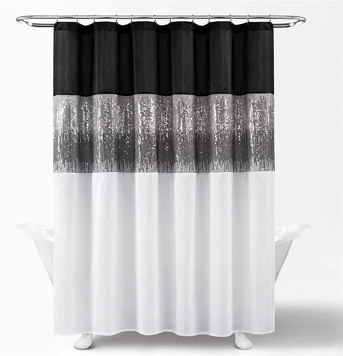 Lush Decor Night Sky Shower Curtain, Single, 72" W x 72" L, Black & White - Sequin Shower Curtain - Sparkly Color Block Bath Curtain - Modern Glam Bathroom Decor