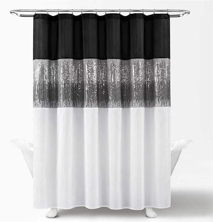 Lush Decor Night Sky Shower Curtain, Single, 72" W x 72" L, Black & White - Sequin Shower Curtain - Sparkly Color Block Bath Curtain - Modern Glam Bathroom Decor
