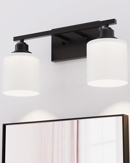 Sailstar Modern Bathroom Lights - 2-Light Vanity Fixtures with Milky White Glass Shades, Anti-Rust Matte Black Finish, E26 Base