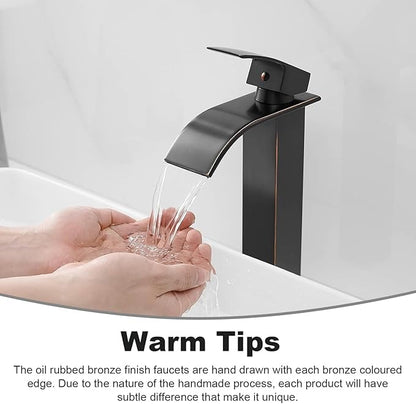 BWE Vessel Sink Faucet Modern Waterfall Oil Rubbed Bronze Single Hole Bathroom Faucet Single Handle with Pop up Drain Without Overflow Assembly Vanity Basin Bath Sink Faucets Mixer Tap