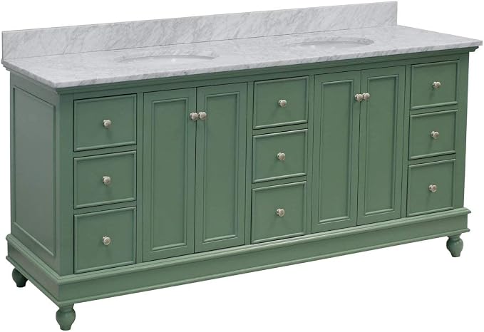 Bella 72-inch Double Bathroom Vanity (Carrara/Sage Green): Includes Sage Green Cabinet with Authentic Italian Carrara Marble Countertop and White Ceramic Sinks
