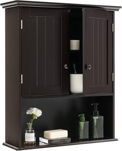 Tangkula Wall Mount Bathroom Cabinet Wooden Medicine Cabinet Storage Organizer with 2-Doors and 1-Shelf Cottage Collection Wall Cabinet (Espresso)