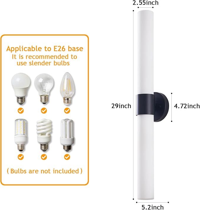 29" Modern Wall Sconce with Frosted Glass Shades, for Bathroom Mirror Bedroom Living Room Hallway, Black Finish
