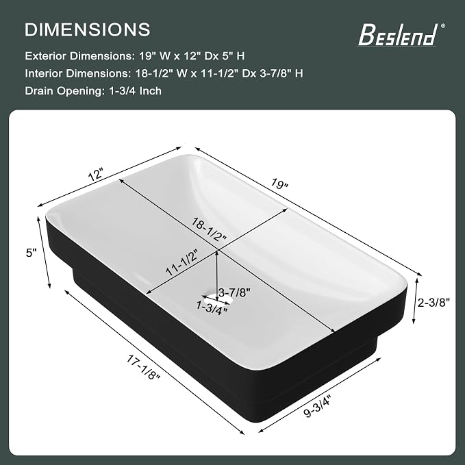Rectangular White and Black Bathroom Vessel Sink | Beslend 19x12 Semi Recessed Black&White Above Counter Rectangular Ceramic Wash Sinks Top Counter Porcelain Modern Art Basin