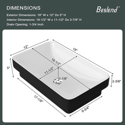 Rectangular White and Black Bathroom Vessel Sink | Beslend 19x12 Semi Recessed Black&White Above Counter Rectangular Ceramic Wash Sinks Top Counter Porcelain Modern Art Basin