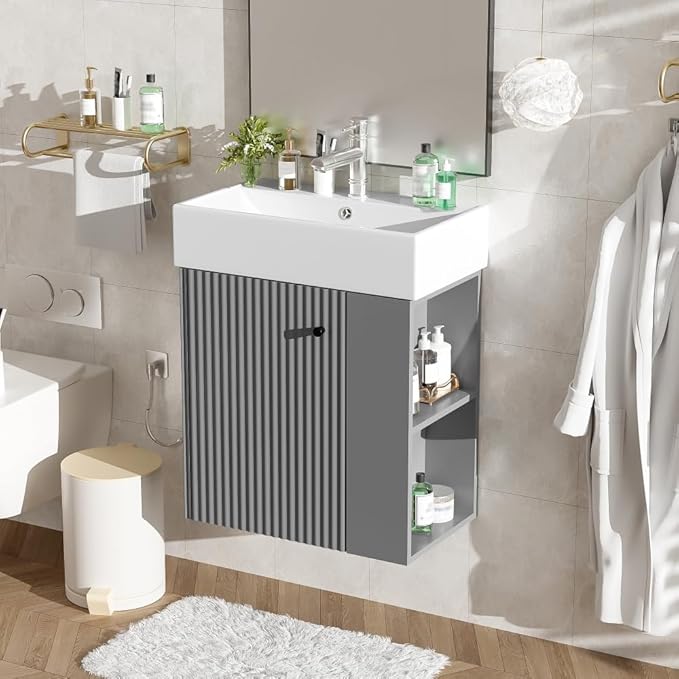 22" Small Bathroom Vanity with Sink, Floating Vanity for Bathrooms with Soft-Close Door and Open Shelf, Wall Mounted Narrow Bathroom Vanities for Compact Bathrooms (Gray,22" Floating Right Shelf)