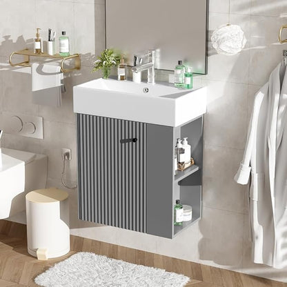 22" Small Bathroom Vanity with Sink, Floating Vanity for Bathrooms with Soft-Close Door and Open Shelf, Wall Mounted Narrow Bathroom Vanities for Compact Bathrooms (Gray,22" Floating Right Shelf)