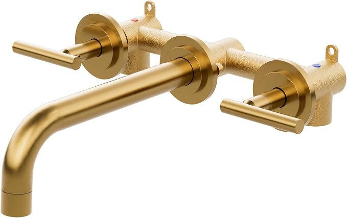 Wall Mount Bathroom Faucet - WOWOW Brushed Gold Bathroom Sink Faucet - 2 Handle Wall Mount Vessel Sink Faucet 3 Holes Elegant Classic Spout Rough in Brass Valve Included