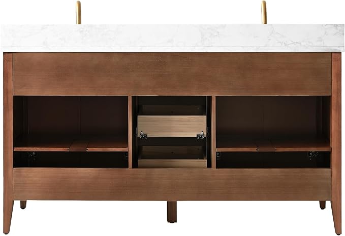 Vanity Art 60 inch Bathroom Vanity with Double Sink & Ceramic Top, Vanity Cabinet with Soft-Closing Door, Solid Wood Frame, Linear Pattern, Walnut, Golden Brushed Handware VA9160-DWalnut-GB