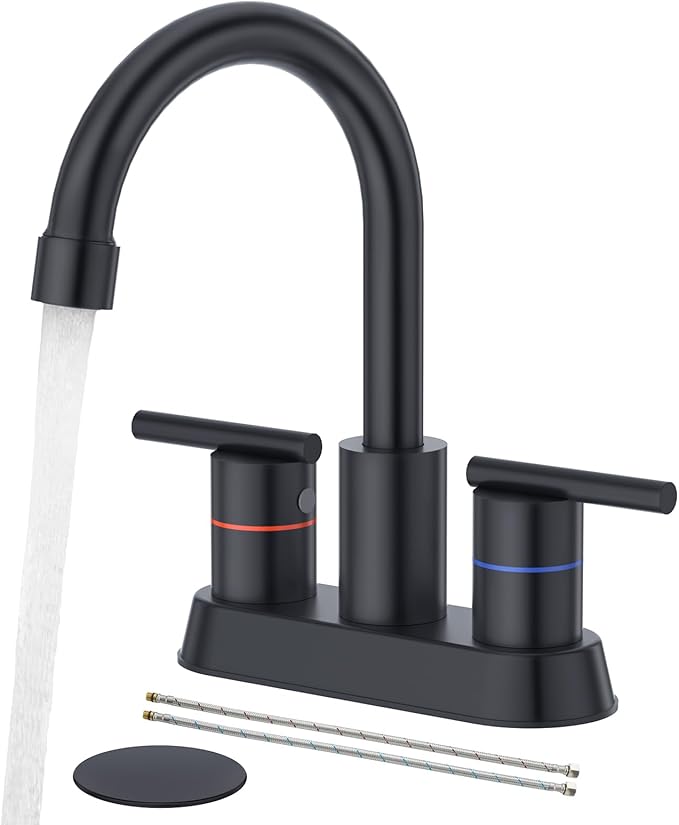 Faustina Matte Black Bathroom Faucet, 4 Inch Centerset Bathroom Faucets for Sink 2 Hole 3 Holes，Two Handles 304 Stainless Steel Faucet with Pup up Drain and 2 cUPC Water Supply Lines for RV Vanity