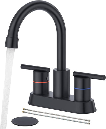 Faustina Matte Black Bathroom Faucet, 4 Inch Centerset Bathroom Faucets for Sink 2 Hole 3 Holes，Two Handles 304 Stainless Steel Faucet with Pup up Drain and 2 cUPC Water Supply Lines for RV Vanity