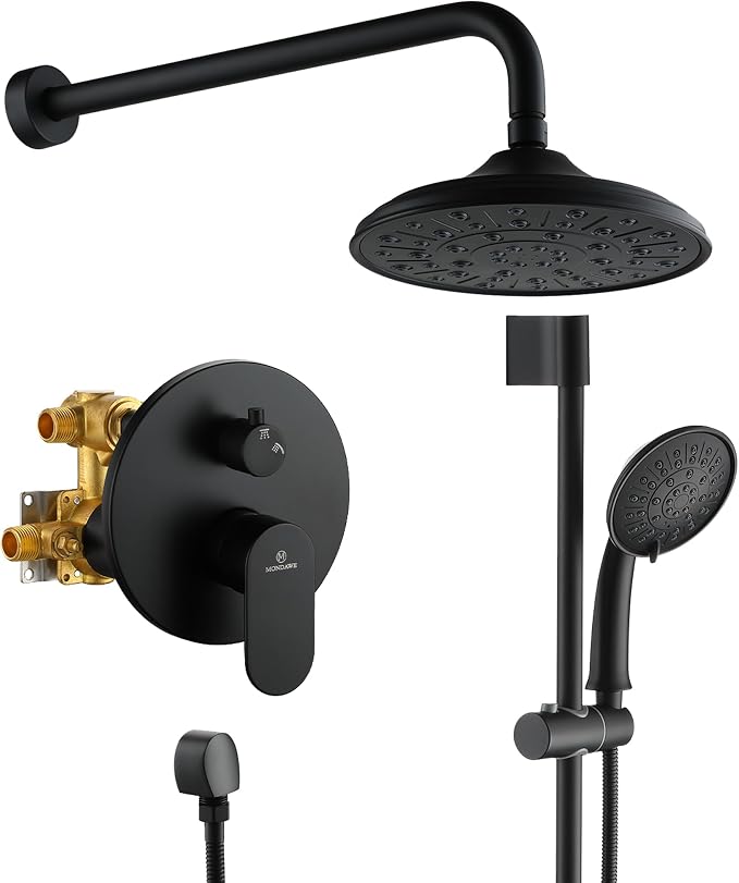 MONDAWE 8 Inch Wall Mounted Shower Faucet Set in Matte Black, Rainfall Shower Head with 3-Setting Handheld Spray Shower Set Combo, High Pressure Shower System with Solid Brass Valve