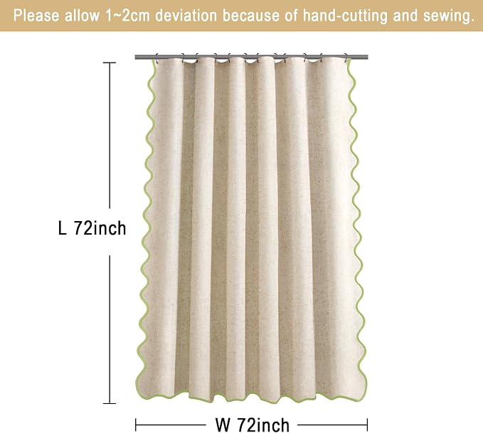 Scalloped Shower Curtain Linen Boho Flax Cream 72" W x 72" L | Linen Fabric, Black Border, Washable, Heavy Duty Cloth, Shower Curtain for Boho Farmhouse Bathroom Bathtub