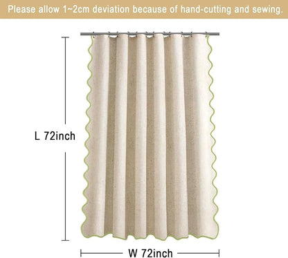 Scalloped Shower Curtain Linen Boho Flax Cream 72" W x 72" L | Linen Fabric, Black Border, Washable, Heavy Duty Cloth, Shower Curtain for Boho Farmhouse Bathroom Bathtub
