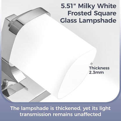Modern Vanity Lights for Bathroom, Farmhouse Lighting Fixtures | 3-light chrome bathroom light fixtures over mirror, 17 inches bathroom light wall sconce with milky white square glass shade