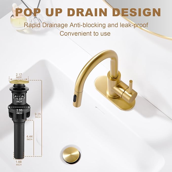 Gold Bathroom Sink Faucet with Pull Down Sprayer | 2 Mode Sprayer, with Deck Plate for 1 or 3 Hole, 360° Swivel, with Pop Up Drain for Vanity Bar RV Basin Laundry Kitchen
