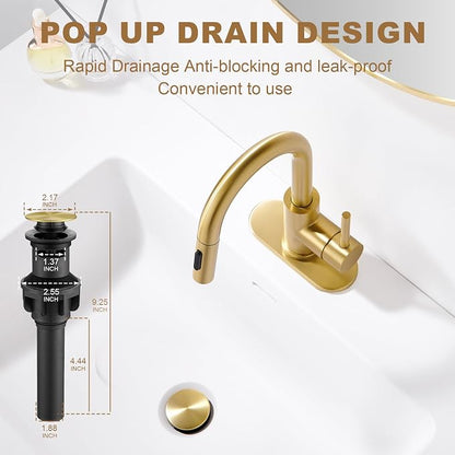 Gold Bathroom Sink Faucet with Pull Down Sprayer | 2 Mode Sprayer, with Deck Plate for 1 or 3 Hole, 360° Swivel, with Pop Up Drain for Vanity Bar RV Basin Laundry Kitchen