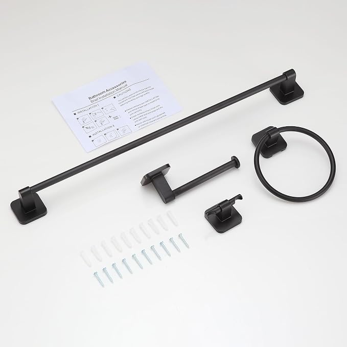 Matte Black Bathroom Accessories Set, 4 Pieces Bathroom Hardware Set, 24 inch Towel Bar, Towel Racks, Robe Towel Hooks, Toilet Paper Holder Wall Mounted Or Self-Adhesive,Stainless Steel and Plastic