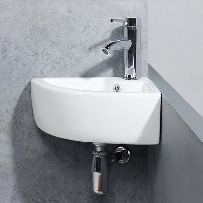 Wall Mount Corner Bathroom Sink Triangle Bathroom Basin 12.8x12.8x5.1inch | Glossy ceramic glaze; stain resistant; quick draining bowl; measure wall space pre-order; fits powder room & RV