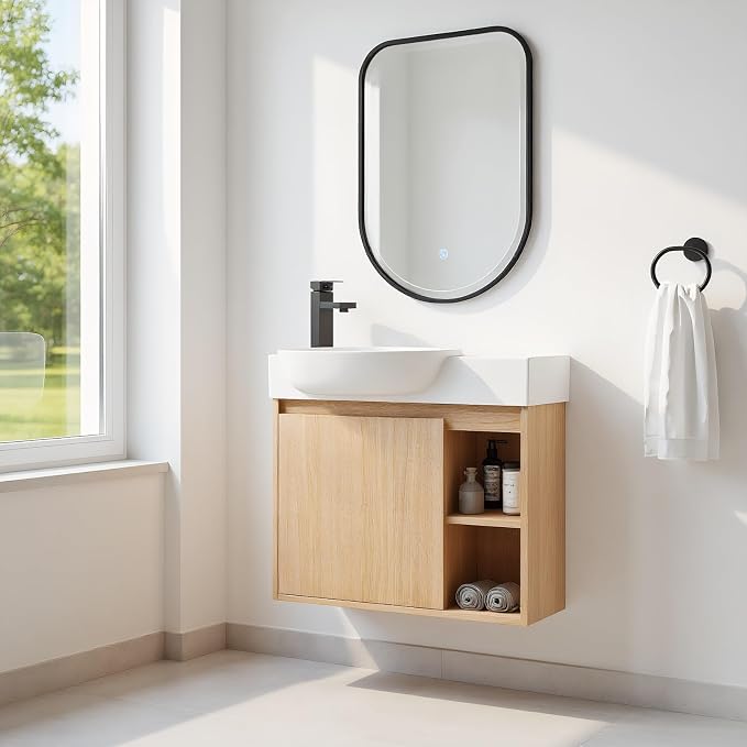 26" Wall Mounted Bathroom Vanity with Sink, Small Vanity, Oak | Integrated Ceramic Sink, Soft-Close Door & 2 Open Storage Shelves, Small Bath Vanity Set, Easy to Clean