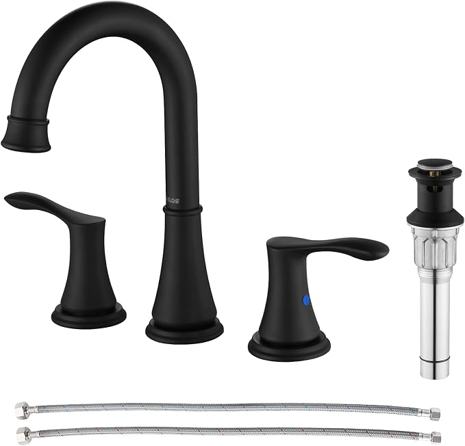 Matte Black Widespread Bathroom Sink Faucet 8 Inch for Vanity | with All Metal Pop Up Drain, High Arc 2 Handle Lead-Free Deck Mount Bathroom Faucet for 3 Hole Lavatory Utility Sink