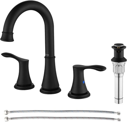 Matte Black Widespread Bathroom Sink Faucet 8 Inch for Vanity | with All Metal Pop Up Drain, High Arc 2 Handle Lead-Free Deck Mount Bathroom Faucet for 3 Hole Lavatory Utility Sink