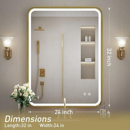 LED Bathroom Mirror with Light,Gold Frame,24x32 Inch | ETL Listed,Anti-Fog,3000K/4500K/6000K Dimmable,Horizontal & Vertical,Wall Mounted,Memory Function