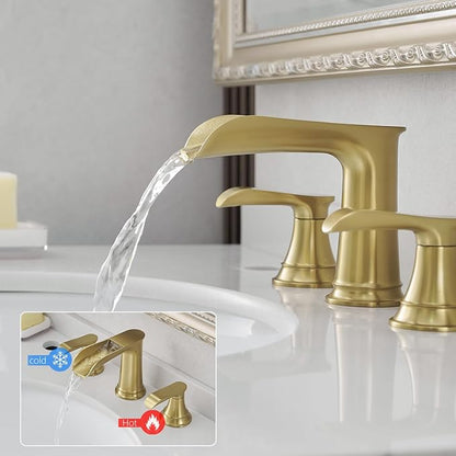 3-Hole 8-Inch Widespread Bathroom Faucet with Pop-Up Drain & Double Lever Handle - Brushed Gold Brass