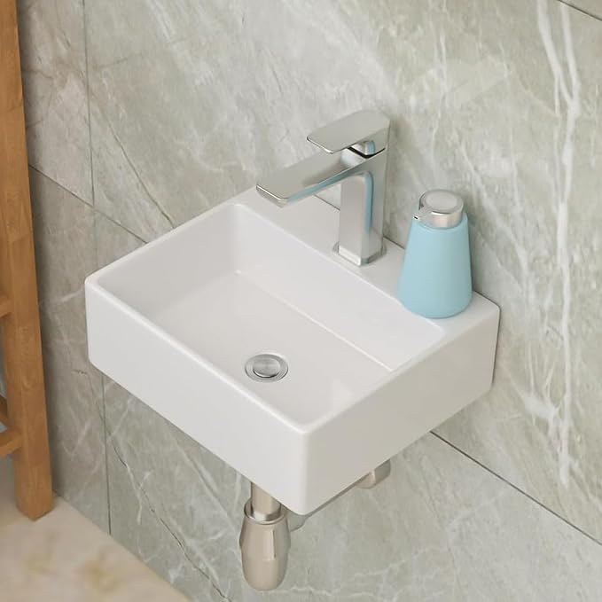 Lordear 13.6"x11.6" Floating Wall Mounted Bathroom Sink White Ceramic Glossy White Small Tiny Room Cloakroom Sinks, 13.6X11.6x4.85 Inch