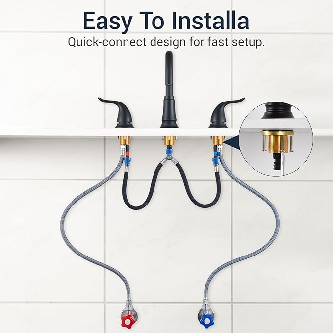 KPW Matte Black Bathroom Faucet 3 Hole, 8 Inch Widespread Bathroom Sink Faucet with Pop-up Drain Assembly and Supply Lines, Two Handle for Lavatory, Restroom