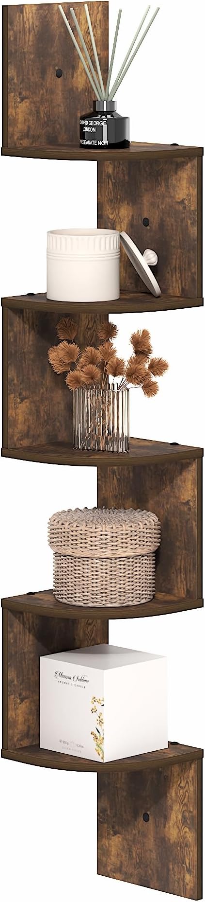 Furinno Rossi Floating Book Shelves for Wall, 5-Tier Zigzag Corner Shelf Wall Mounted, Radial Corner Floating Shelf, for Living Room, Bedroom, Bathroom, Home Office, Amber Pine