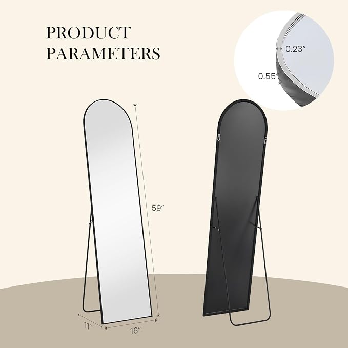 NEWBULIG Arched Full Length Floor Mirror 16"x59", Body Standing Mirror | Wall Hanging or Leaning, Shatter-Proof Glass, Aluminum Alloy Frame with Stand, Home Decor Bedroom, Black