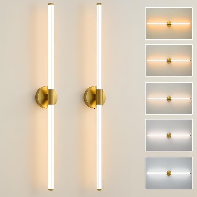 Gold Wall Sconces Set of 2 Hardwired LED Vanity Light 39"