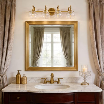Brass Vanity Light, Gold Bathroom Light Fixtures 4 Lights, 27.8 Inch Vintage Bathroom Sconces, Brushed Brass Vanity Lighting with Globe Clear Glass Shade, E26 Base (Bulbs Not Included)