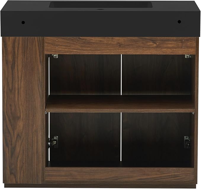 36" Bathroom Vanity with Sink, Freestanding Single Sink Bathroom Vanity with Black Engineered Stone Top & Open Side Storage, Soft-Closing Doors with Adjustable Shelf, Walnut