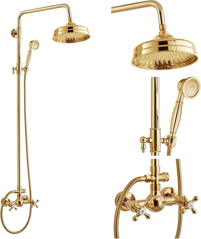 gotonovo Exposed Shower System Wall Mount,Polish Gold,Metal Handheld | 8” Rain Shower Head Faucet Set Fixtures,2 Function,Two Cross Handle,Height Adjustable,for 5-6.7" Hole,Indoor Victorian Retro