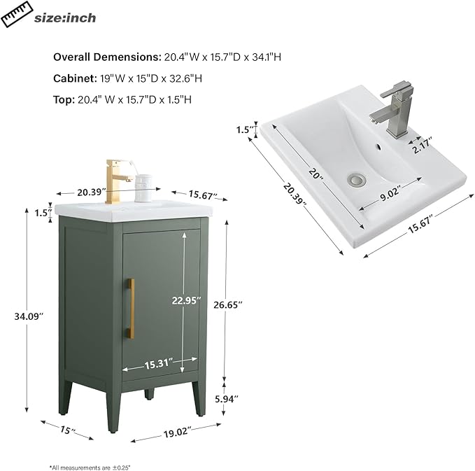 HomeBeyond 20 Inch Bathroom Vanity with Sink & Ceramic Top, Single Vanity Cabinet with Basin, Soft-Closing Doors & Matte Black Hardware, Vintage Green