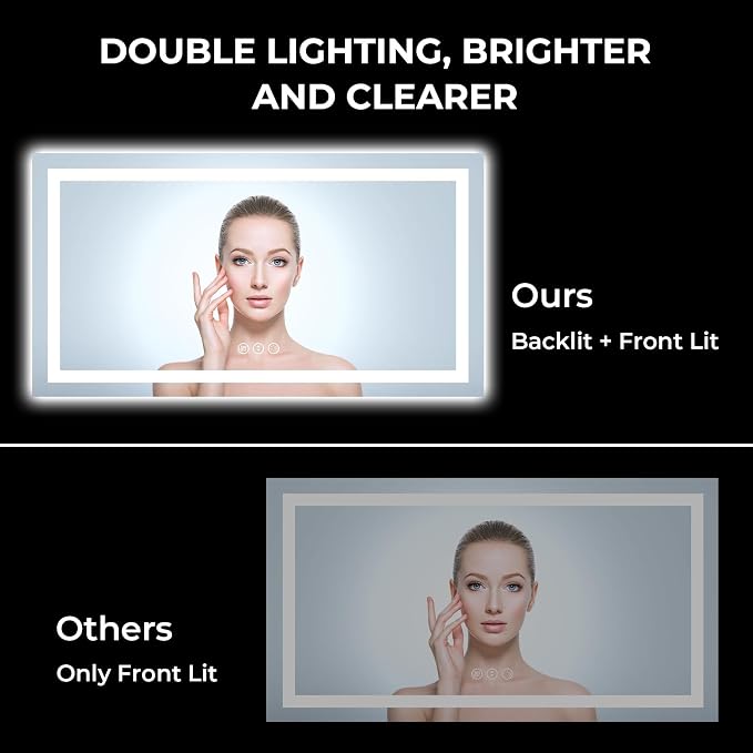 60x40 LED Bathroom Mirror with Lights, Lighted Vanity Mirror | Backlit and Front Light, Anti-Fog, 3 Color Dimmable, Memory, Tempered Glass, IP54 Waterproof, UL Listed