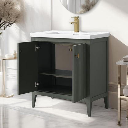 Vanity Art 30 inch Bathroom Vanity with Single Sink & Ceramic Top, Vanity Cabinet with Soft-Closing Door, Solid Wood Frame, Linear Pattern, Vintage Green, VA9130-VG-MB,Matte Black Handles