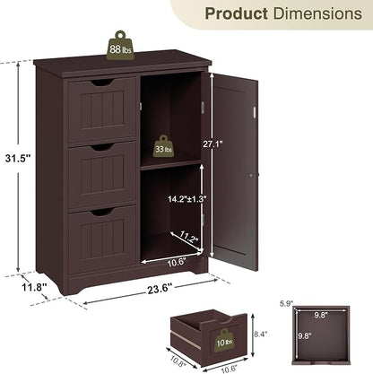 SUPER DEAL Bathroom Storage Cabinet with 3 Drawers and 1 Door, Entryway Home Decor Furniture Towels Storage Organizer Unit, Brown, 23.6" L x 11.8" W x 31.4" H