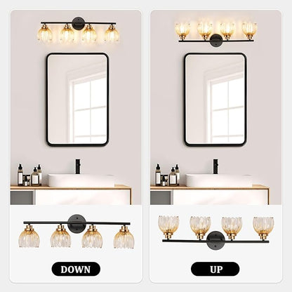 TALOYA Bathroom Vanity Light Fixtures, 4-Light Black and Gold Wall Lights for Mirror with Gradient Amber Tulip Glass Shades, Over Sink Lighting for Bedroom, Living Room, Hallway